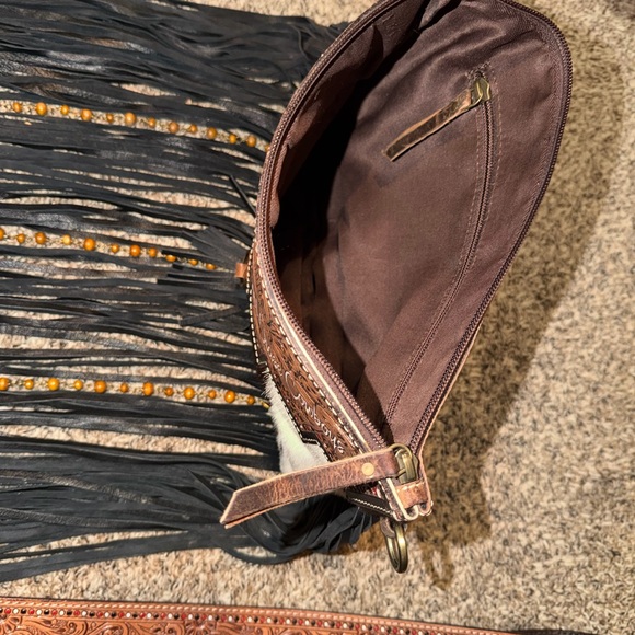 Haute Southern Hyde Fringe Bag with Tooled Leather Strap and Details - Picture 3 of 4